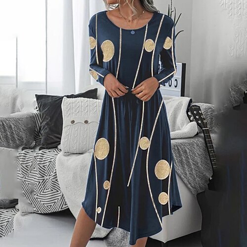 

Women's Casual Dress A Line Dress Midi Dress Dark Blue Long Sleeve Print Ruched Print Fall Winter Crew Neck Stylish Casual Modern 2022 S M L XL
