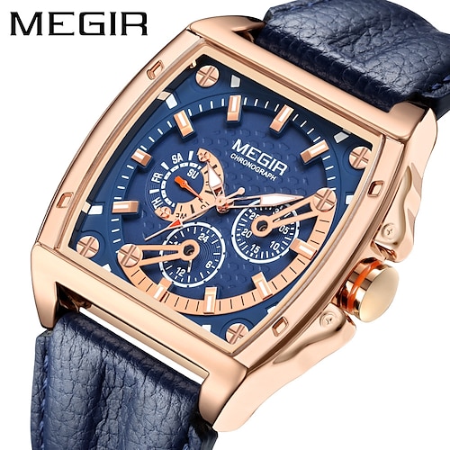 

MEGIR Quartz Watch for Men Tonneau Dial Analog Quartz Watch Men Fashion Military Sport Waterproof Leather Strap Wrist Watches 24-hour Date Week 2204