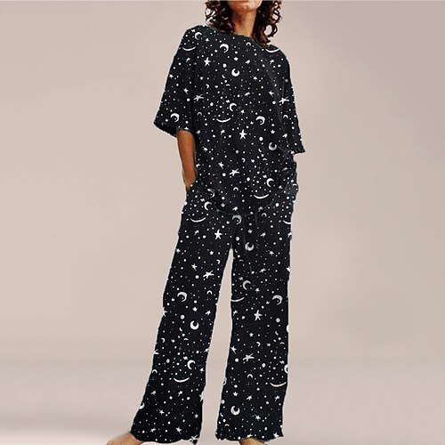 

Women's Loungewear Sets 2 Pieces Star Fashion Comfort Home Street Cotton Spandex Jersey Crew Neck Short Sleeve T shirt Tee Pant Winter Fall Black