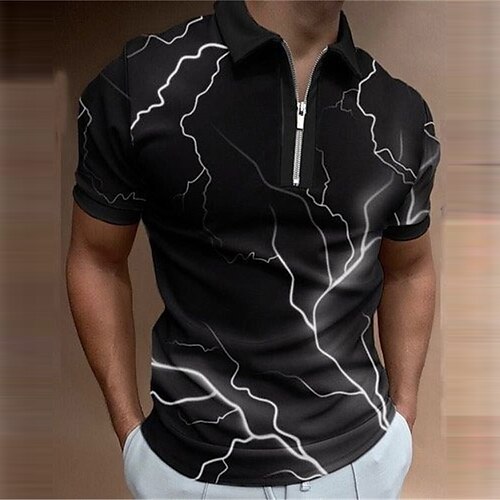 

Men's Collar Polo Shirt Golf Shirt Lightning Turndown Black 3D Print Outdoor Street Short Sleeves Zipper Print Clothing Apparel Fashion Designer Casual Breathable / Summer / Spring / Summer