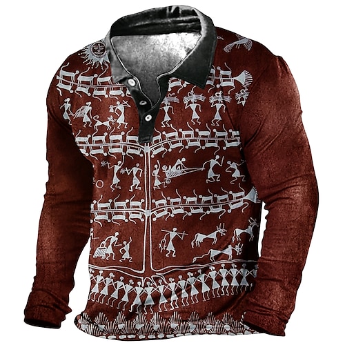 

Men's Collar Polo Shirt Golf Shirt Vintage Turndown Blue Wine 3D Print Street Casual Long Sleeve Button-Down Print Clothing Apparel Vintage Designer Ethnic Style Casual