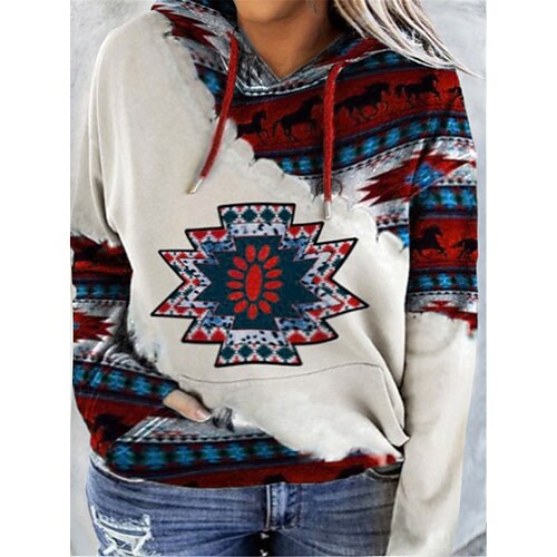 

Women's Plus Size Tops Hoodie Sweatshirt Geometry Pocket Print Long Sleeve Hooded Vintage Casual Daily Going out Polyester Fall Winter Yellow Red