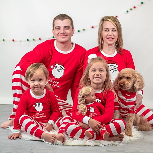 

Christmas Pajamas Family Set Ugly Santa Claus Striped Home Red Long Sleeve Mom Dad and Me Daily Matching Outfits