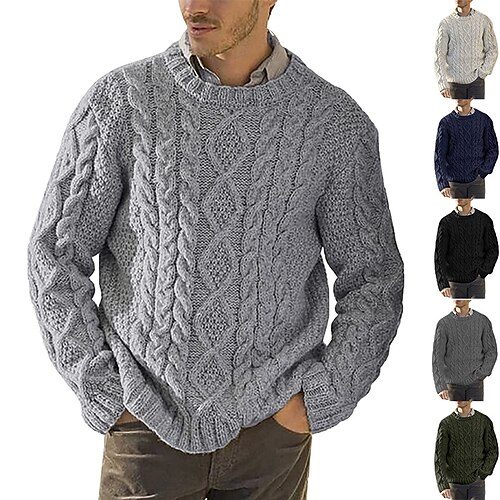 

Men's Sweater Pullover Sweater Jumper Ribbed Knit Cropped Knitted Solid Color Crew Neck Keep Warm Modern Contemporary Work Daily Wear Clothing Apparel Fall & Winter Black Light Gray M L XL