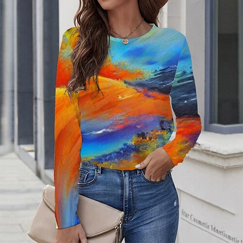 

Women's T shirt Tee Blue Graphic Geometric Print Long Sleeve Casual Daily Vintage Round Neck Regular Geometric Painting S / 3D Print