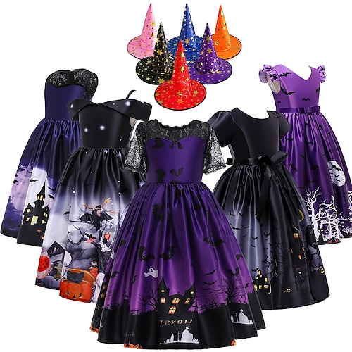 

Kids Little Girls' Pumpkin Ghost Bat Halloween Dress Animal Cartoon A Line Dress Performance Black Purple Fuchsia Short Sleeve Princess Beautiful Dresses Regular Fit 4-12 Years