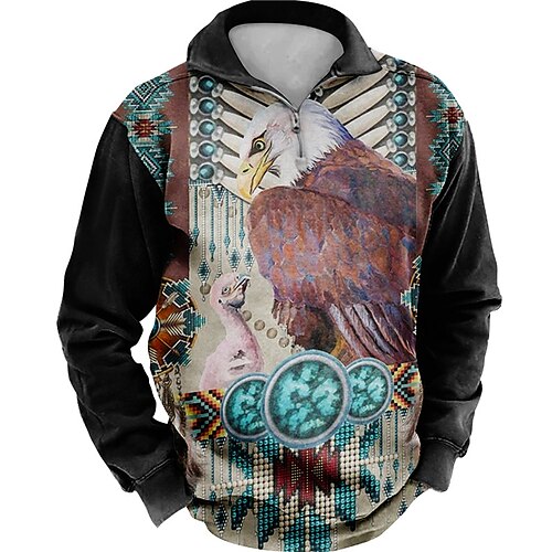 

Men's Collar Polo Shirt Golf Shirt Animal Eagle Turndown Gray Black 3D Print Outdoor Street Long Sleeve Zipper Print Clothing Apparel Vintage Designer Ethnic Style Casual
