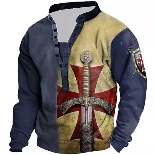 

Men's Unisex Sweatshirt Pullover Button Up Hoodie Blue Standing Collar Color Block Knights Templar Graphic Prints Print Casual Daily Sports 3D Print Streetwear Designer Casual Spring & Fall Clothing