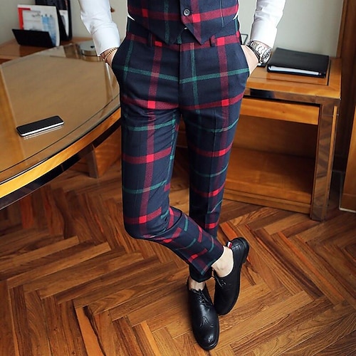 

Men's Chinos Slacks Trousers Jogger Pants Plaid Dress Pants Plaid Checkered Comfort Soft Office Business Streetwear Casual Blue Red Inelastic / Spring