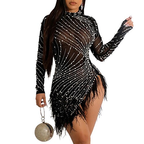 

Women's Party Dress Feather Dress Sheath Dress Black Blue Pink Long Sleeve Pure Color Mesh Winter Fall Autumn Stand Collar Fashion Party Winter Dress Fall Dress Slim 2022 S M L XL XXL