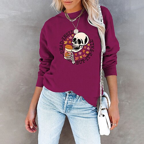 

Women's Basic Print Letter Halloween Basic Daily Round Neck Regular Spring & Fall Wine Red Green Dark Red Yellow Grey