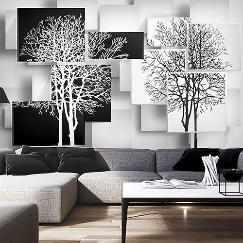 

Art Deco 3D Home Decoration Mural Black And White Tree Map Suitable For Hotel Living Room Bedroom Canvas Material Self adhesive Wallpaper Mural Wall Cloth Room Wallcovering