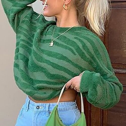 

Women's Pullover Sweater Jumper Crochet Knit Knitted Striped Crew Neck Stylish Casual Outdoor Daily Fall Winter Green S M L / Long Sleeve