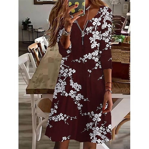 

Femme Robe casual manche longue Hiver Automne - Mode Zippé Imprimer Floral Col Ras du Cou robe hiver Fin de semaine robe automne 2022 Bleu Vin Vert Véronèse S M L XL XXL XXXL 4XL 5XL 6XL