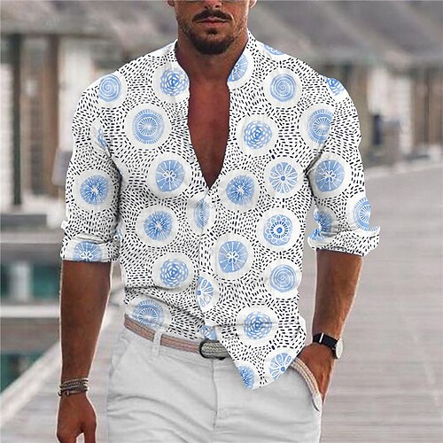 

Men's Shirt Floral Stand Collar Blue Black 3D Print Outdoor Street Long Sleeve Button-Down Print Clothing Apparel Fashion Designer Casual Breathable