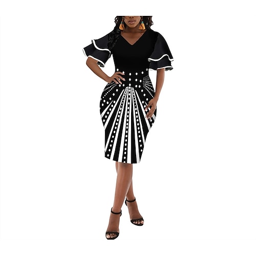 

Women's Casual Dress Bodycon Sheath Dress Midi Dress Black Short Sleeve Polka Dot Patchwork Fall Summer Autumn V Neck Fashion Weekend Slim 2022 S M L XL XXL