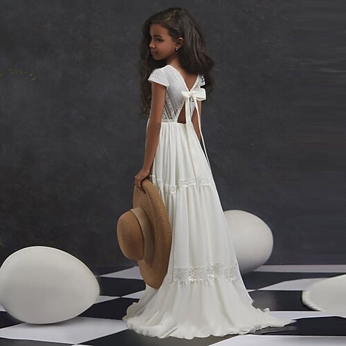 

Wedding Party Sheath / Column Flower Girl Dresses Jewel Neck Sweep / Brush Train Chiffon Tulle Spring Summer with Appliques Pure Color Cute Girls' Party Dress Fit 3-16 Years