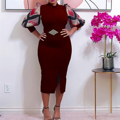 

Women's Plus Size Work Dress Color Block Turtleneck Half Sleeve Fall Winter Work Formal Knee Length Dress Formal Work Dress