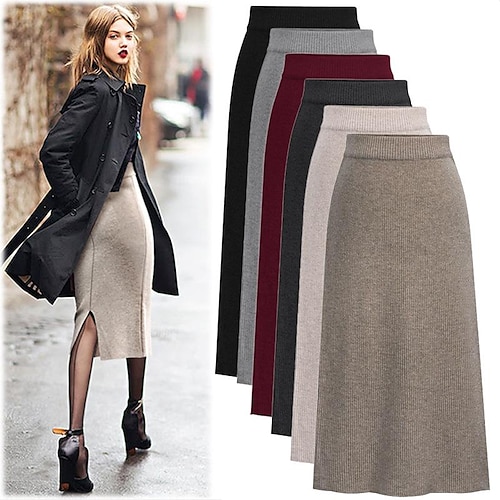 

Women's Skirt Pencil Work Skirts Midi Woolen caramel Black Wine khaki Skirts Autumn / Fall Split Fashion Date Tea Party S M L