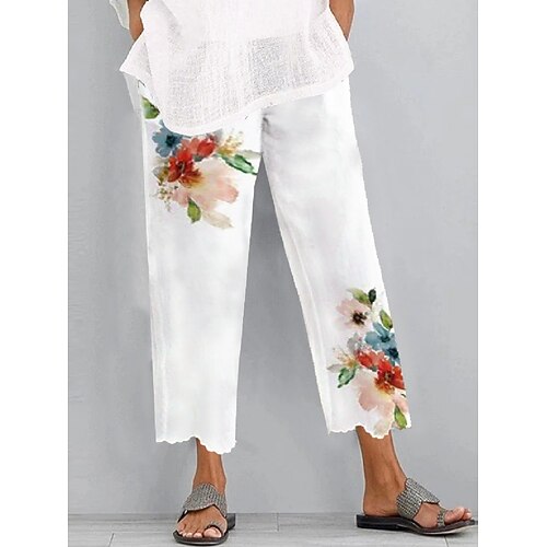 

Women's Wide Leg Pants Trousers Trousers Straight Baggy Rose Sunflower Flower / Floral Comfort Breathable Ankle-Length Daily Work Bohemian Casual Slim White Mid Waist Micro-elastic
