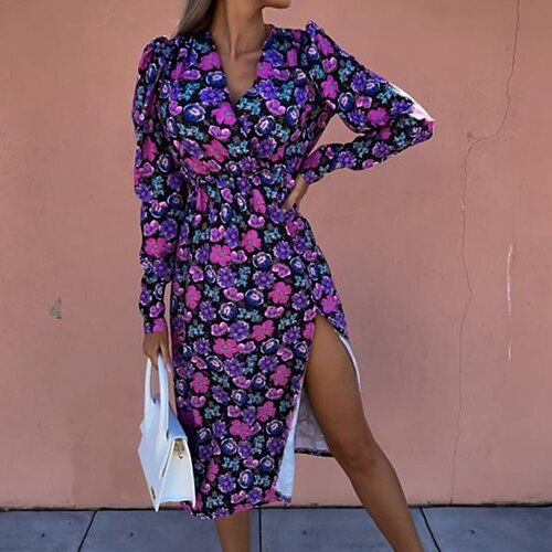 

Women's A Line Dress Midi Dress Purple Pink Dusty Rose Red Brown Long Sleeve Floral Print Fall Winter V Neck Casual Vacation 2022 S M L XL XXL