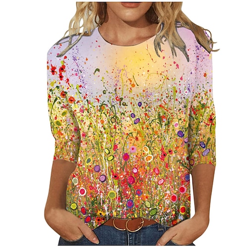 

Women's T shirt Tee Blue Pink Yellow Floral Print Long Sleeve Holiday Weekend Basic Round Neck Regular Floral Painting S / 3D Print