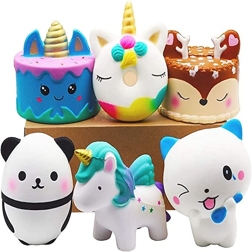 

6 Pcs Squishies Toy Jumbo Slow Rising Unicorn HorseCakeUnicorn DonutPandaSpoon Cat Set for Kids Party Favors Stress Relief Toys