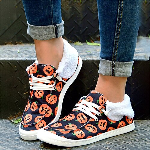 

Women's Sneakers Halloween Daily Animal Print Winter Flat Heel Round Toe Casual Cotton Lace-up Color Block Black Orange Red
