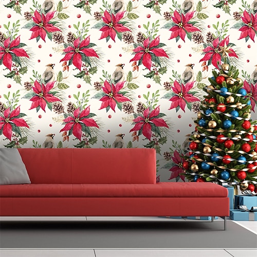 

Christmas Wallpaper Christmas Flowers Wall Cover Sticker Film Peel and Stick Removable Self Adhesive PVC/Vinyl Wall Decal for Room Home Decoration 17.7''x118''in(45cmx300cm) / 45x300cm