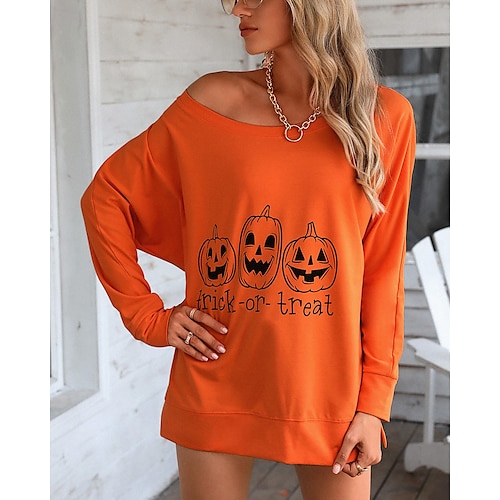 

Women's Sweatshirt Pullover One Shoulder Pumpkin Text Cold Shoulder Print Halloween Weekend Hot Stamping Active Streetwear Clothing Apparel Hoodies Sweatshirts Loose Fit Orange