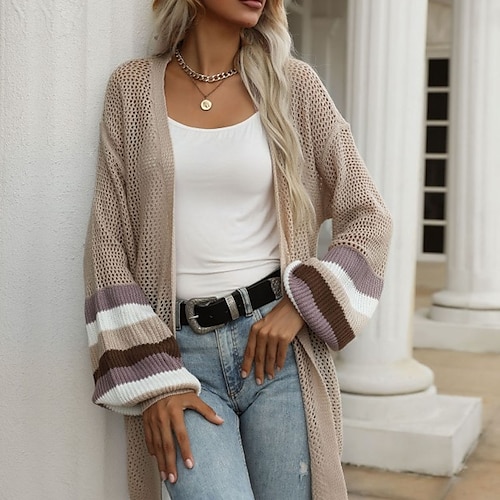 

Women's Cardigan Sweater Jumper Ribbed Knit Knitted Hole Striped Open Front Stylish Casual Outdoor Daily Winter Fall Khaki S M L / Long Sleeve / Regular Fit / Going out