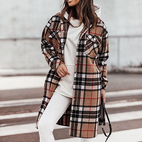 

Women's Winter Coat Windproof Warm Outdoor Street Daily Vacation Pocket Single Breasted Lapel Street Style Plaid Regular Fit Outerwear Long Sleeve Winter Fall Coffee S M L XL XXL