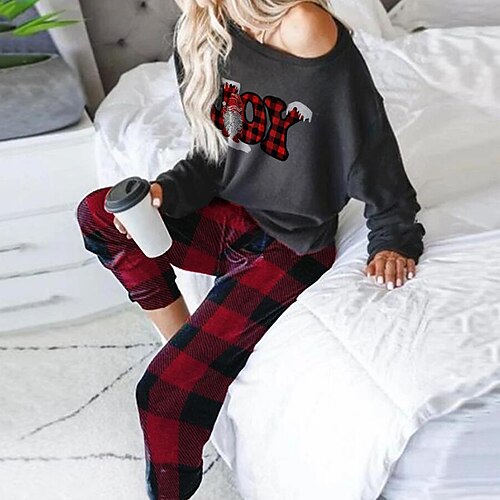 

Women's ChristmasPjs Pajamas Sets 2 Pieces Grid / Plaid Comfort Home Cotton Blend Crew Neck Winter Fall Gray