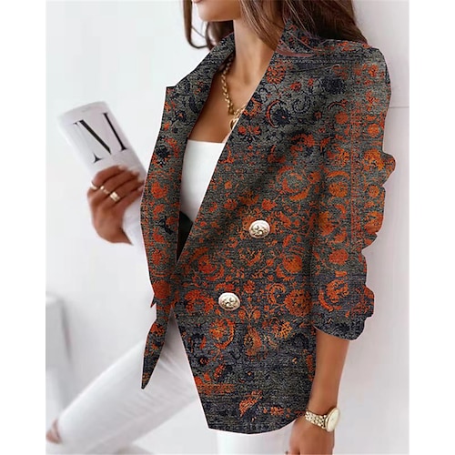 

Women's Blazer Breathable Formal Office Work with Pockets Print Double Breasted Turndown Elegant Formal Modern Office / career Flower Regular Fit Outerwear Long Sleeve Winter Fall Blue S M L XL XXL