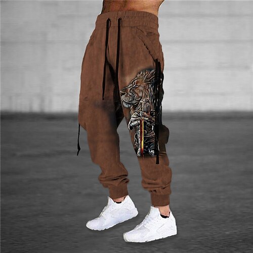

Men's Sweatpants Joggers Trousers Drawstring Elastic Waist Ribbon Lion Graphic Prints Comfort Breathable Sports Outdoor Casual Daily Cotton Blend Terry Streetwear Designer Brown Micro-elastic