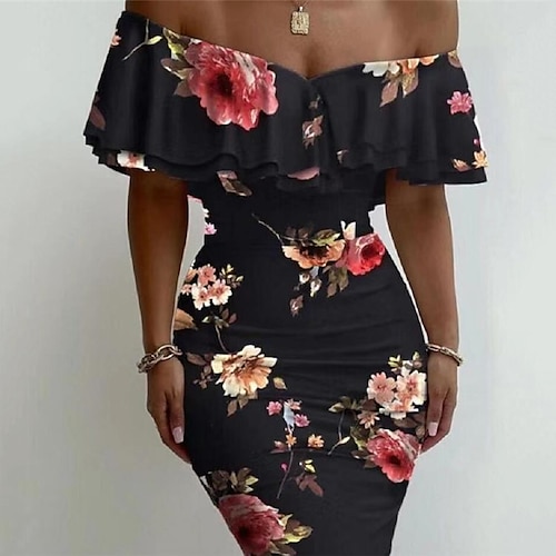 

Mujer Corte Bodycon Vestido tubo Verde Trébol Negro Azul Piscina Manga Corta Floral Volante Primavera Verano Hombros Caídos 2022 S M L
