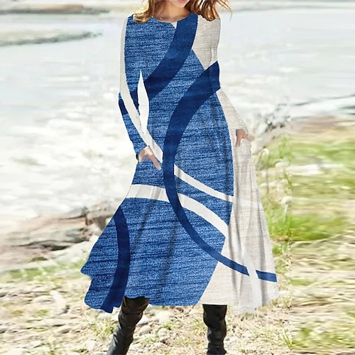 

Women's Casual Dress Swing Dress Midi Dress Blue Long Sleeve Geometric Pocket Print Fall Winter Round Neck Vacation Casual 2022 S M L XL XXL 3XL