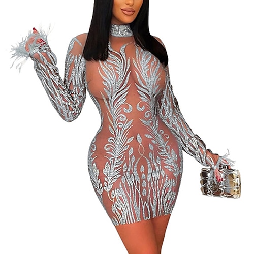 

Women's Party Dress Sequin Dress Feather Dress Silver Gold Long Sleeve Color Block Sequins Winter Fall Autumn High Neck Hot Party Winter Dress Fall Dress 2022 S M L XL XXL
