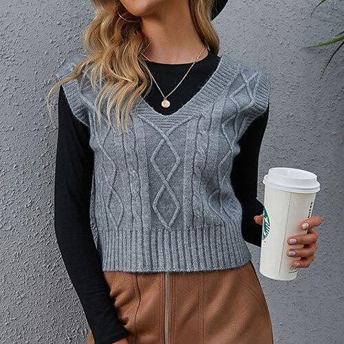 

Women's Sweater Vest Jumper Cable Knit Knitted Pure Color V Neck Stylish Casual Outdoor Daily Fall Winter Blue Gray S M L / Sleeveless