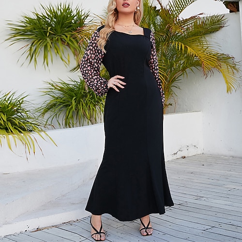 

Women's Plus Size Work Dress Print Square Neck Long Sleeve Fall Winter Work Formal Maxi long Dress Vacation Going out Dress