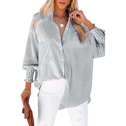

Women's Blouse Shirt Blue Pink Black Striped Patchwork Long Sleeve Casual Daily Vintage Casual Shirt Collar Geometric S