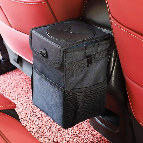 

Car Trash Can with Lid - Car Trash Bag Hanging with Storage Pockets Collapsible and Portable Car Garbage Bin