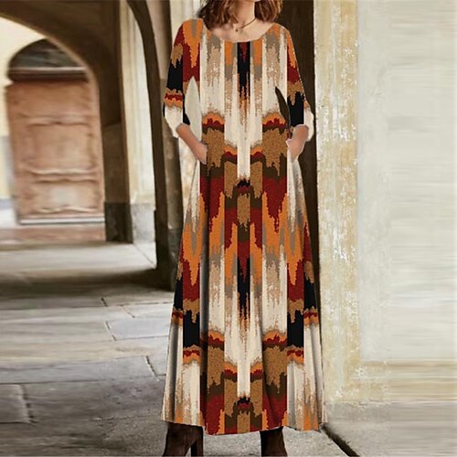

Women's Casual Dress A Line Dress Maxi long Dress Khaki Long Sleeve Geometric Pocket Print Fall Winter V Neck Vacation Casual 2022 S M L XL XXL 3XL