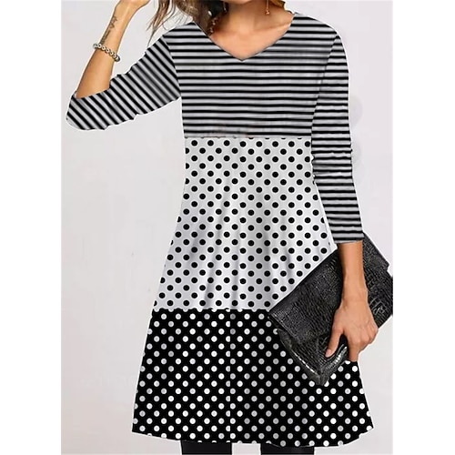 

Women's Casual Dress T Shirt Dress Tee Dress Short Mini Dress Black Long Sleeve Polka Dot Striped Pocket Print Fall Winter V Neck Vacation Casual 2022 S M L XL XXL 3XL