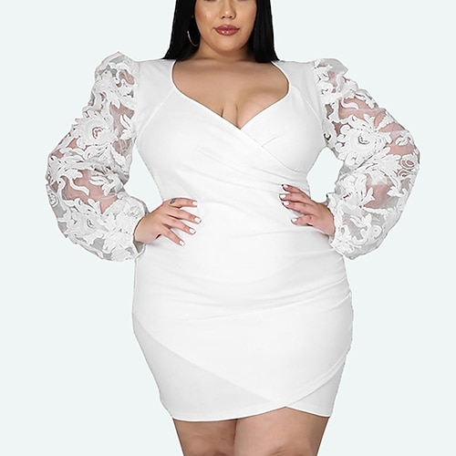 

Women's Plus Size A Line Dress Solid Color V Neck Long Sleeve Fall Winter Stylish Sexy Short Mini Dress Daily Date Dress