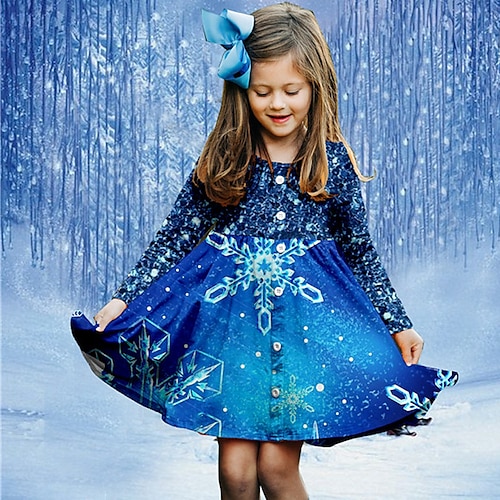 

Infantil Para Meninas Vestido Floco de Neve Vestido de turno Acima do Joelho Vestido Feriado Imprimir Manga Longa Estilo bonito Vestido 3-10 anos Inverno Azul