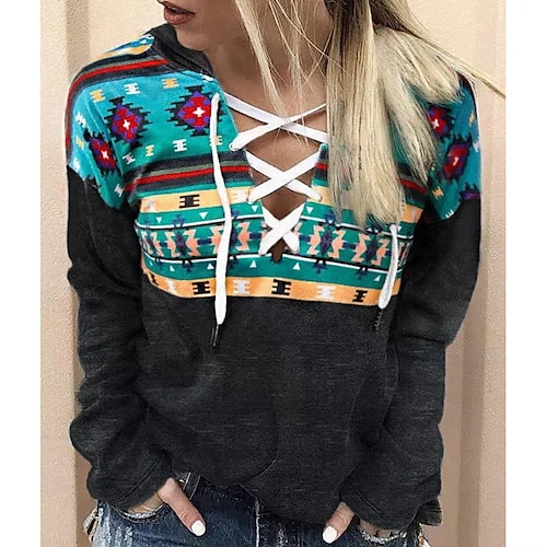 

Women's Hoodie Sweatshirt Pullover Streetwear Ethnic Front Pocket Black Geometric Street Hoodie Long Sleeve S M L XL 2XL 3XL