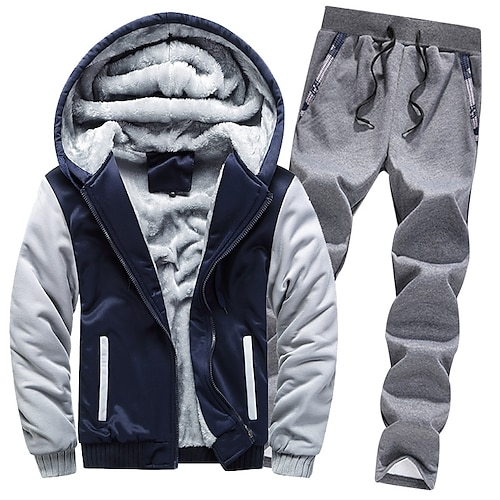 

Men's Hoodie Tracksuit Sweatsuit Fuzzy Sherpa Hoodie Jacket Denim Blue Black Blue Wine Burgundy Hooded Color Block Patchwork 2 Piece Sports Outdoor Streetwear Fleece Casual Big and Tall Winter Fall