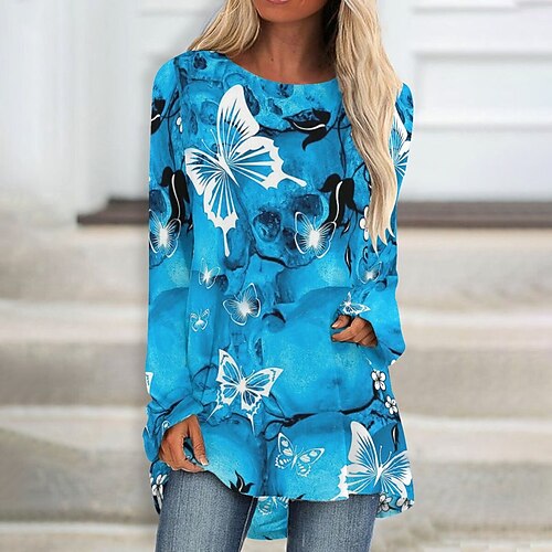

Women's T shirt Tee Green Blue Purple Butterfly Print Long Sleeve Holiday Weekend Basic Round Neck Long Butterfly Painting S