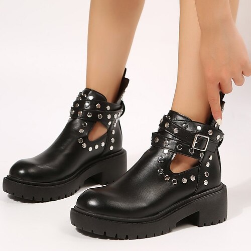 

Women's Boots Plus Size Booties Ankle Boots Low Heel Round Toe Casual Daily PU Leather Loafer Winter Fall Solid Colored Black